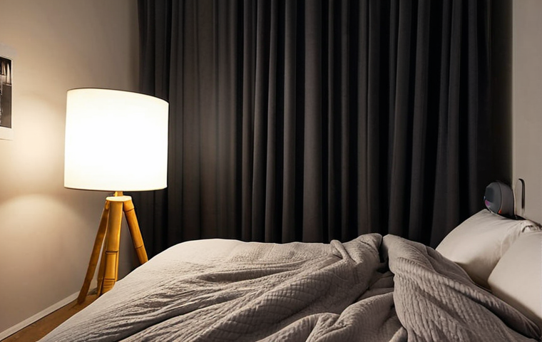 **
> Cozy bedroom scene at night. Soft, diffused lighting from a bedside lamp illuminates a cotton duvet and bamboo pillow. Dark, thick blackout curtains block all light from the window. A small humidifier emits a gentle mist. The temperature is set to a cool 17 degrees Celsius on a smart thermostat. Peaceful, serene atmosphere. Dutch interior design influences.
**