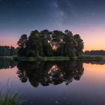 **A serene evening at Loosdrechtse Plassen:** Capture the tranquil scene of the Loosdrechtse Plassen at dusk. The water should reflect the stars of the night sky, creating a mirror-like effect of the cosmos. Soft, ambient light suggests the fading sunset.