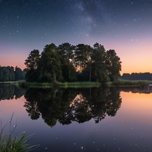 Home 6 **A serene evening at Loosdrechtse Plassen:** Capture the tranquil scene of the Loosdrechtse Plassen at dusk. The water should reflect the stars of the night sky, creating a mirror-like effect of the cosmos. Soft, ambient light suggests the fading sunset.