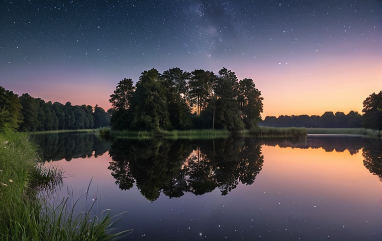 **A serene evening at Loosdrechtse Plassen:** Capture the tranquil scene of the Loosdrechtse Plassen at dusk. The water should reflect the stars of the night sky, creating a mirror-like effect of the cosmos. Soft, ambient light suggests the fading sunset.