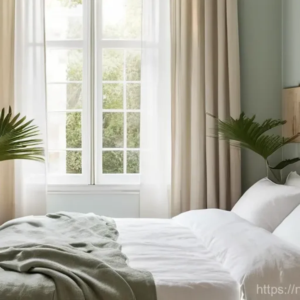 수면의 질을 높이는 방안 - **A Personal Sleep Sanctuary:** A serene and impeccably tidy bedroom, bathed in soft, natural ambien...