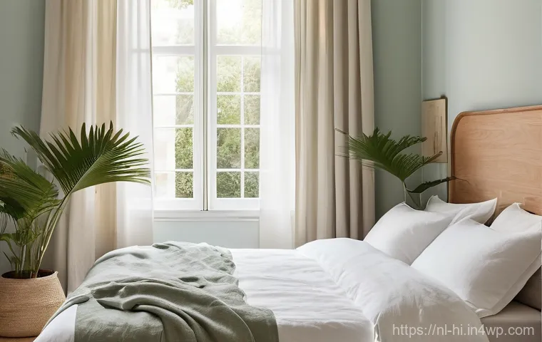 수면의 질을 높이는 방안 - **A Personal Sleep Sanctuary:** A serene and impeccably tidy bedroom, bathed in soft, natural ambien...