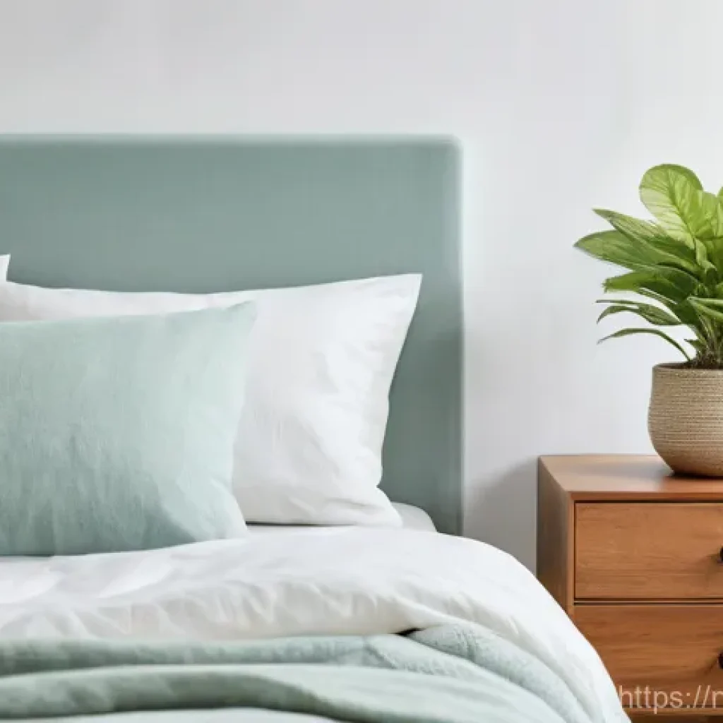 침실의 색상과 기분의 관계 - A serene and tranquil bedroom interior, designed to evoke peace and calm. The walls are painted in a...