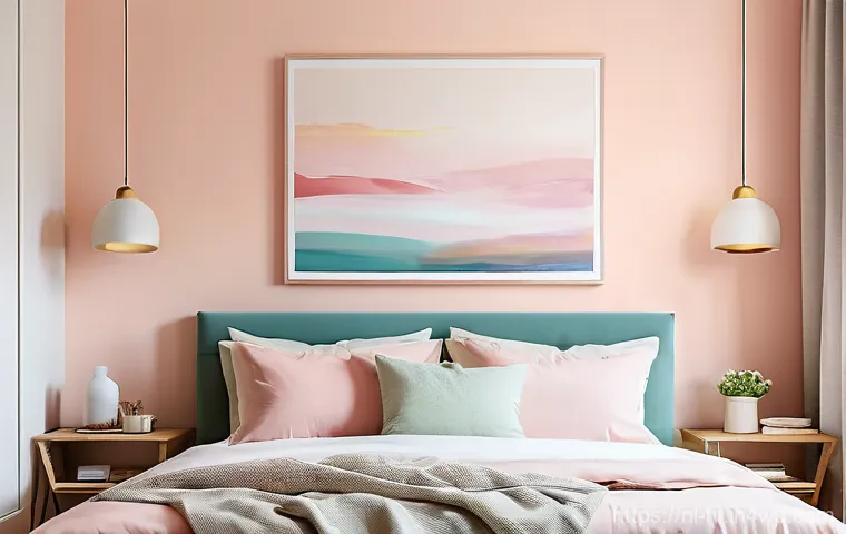 침실의 색상과 기분의 관계 - A serene and tranquil bedroom interior, designed to evoke peace and calm. The walls are painted in a...