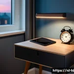 Home 22 침실에서 전자기기 줄이기 - A cozy modern bedroom in a Dutch home during evening hours, featuring a minimalist design with soft ...