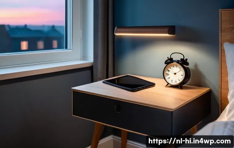 침실에서 전자기기 줄이기 - A cozy modern bedroom in a Dutch home during evening hours, featuring a minimalist design with soft ...