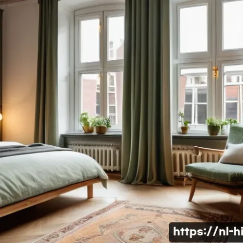 Home 33 침실에서의 소음 관리 방법 - A cozy Dutch bedroom interior featuring heavy, soundproof curtains made of thick, densely woven fabr...