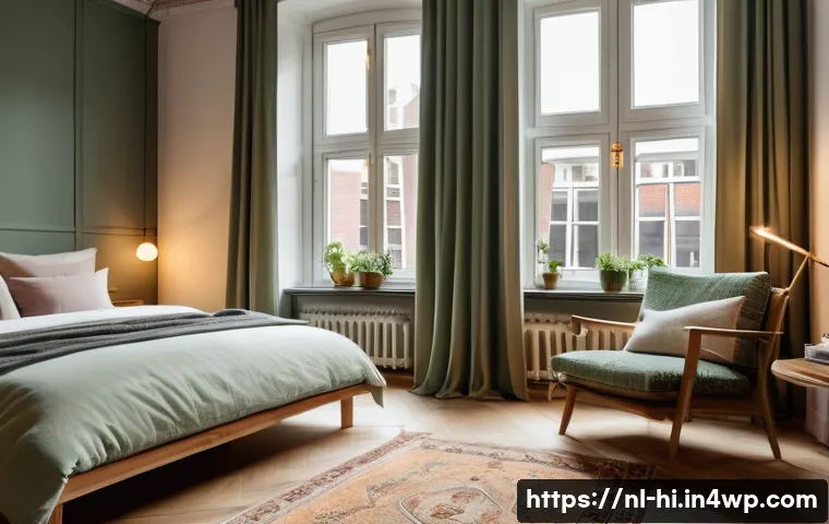 침실에서의 소음 관리 방법 - A cozy Dutch bedroom interior featuring heavy, soundproof curtains made of thick, densely woven fabr...