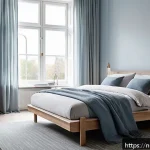 Home 20 숙면을 위한 침실 분위기 만들기 - A serene, modern Dutch bedroom bathed in soft natural light streaming through large windows with bla...