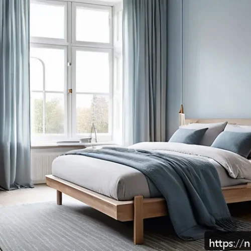 Home 32 숙면을 위한 침실 분위기 만들기 - A serene, modern Dutch bedroom bathed in soft natural light streaming through large windows with bla...