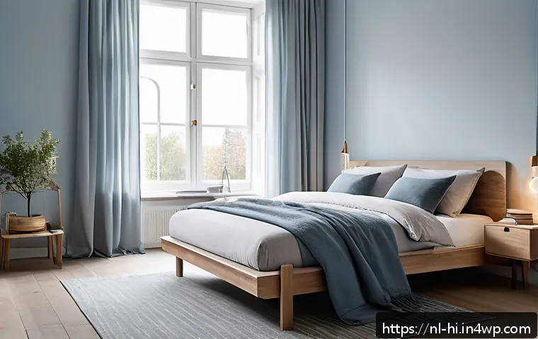 숙면을 위한 침실 분위기 만들기 - A serene, modern Dutch bedroom bathed in soft natural light streaming through large windows with bla...