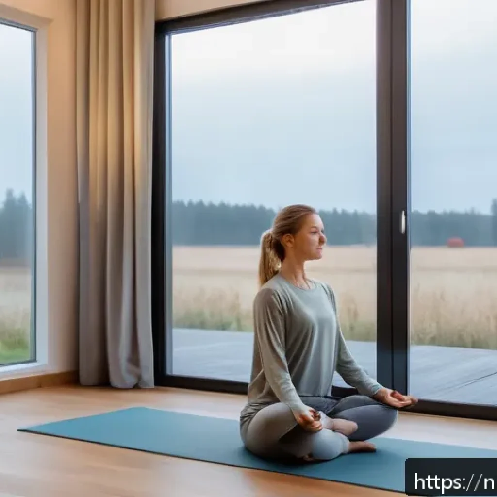 자기 전 스트레칭으로 수면 개선하기 - A serene bedroom scene in a modern Dutch home at dusk, featuring a young adult woman wearing comfort...