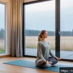 Home 19 자기 전 스트레칭으로 수면 개선하기 - A serene bedroom scene in a modern Dutch home at dusk, featuring a young adult woman wearing comfort...