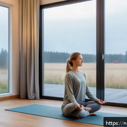 Home 31 자기 전 스트레칭으로 수면 개선하기 - A serene bedroom scene in a modern Dutch home at dusk, featuring a young adult woman wearing comfort...