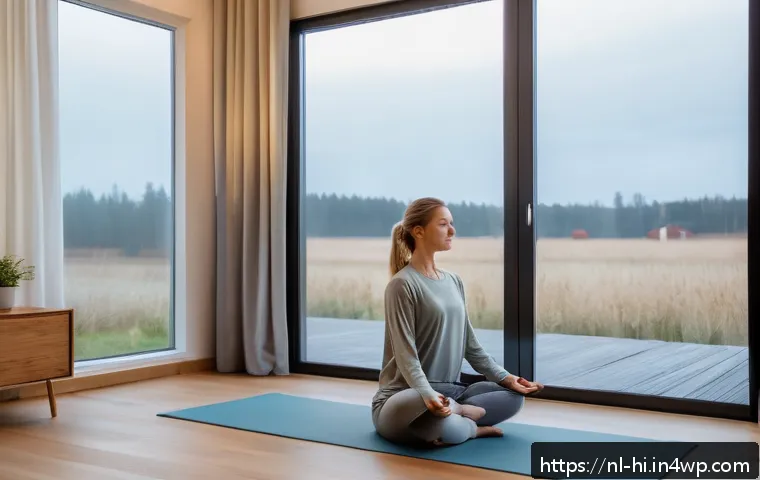 자기 전 스트레칭으로 수면 개선하기 - A serene bedroom scene in a modern Dutch home at dusk, featuring a young adult woman wearing comfort...