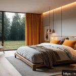 Home 23 수면 환경을 위한 가전제품 추천 - A modern Dutch bedroom interior featuring smart lighting technology: a sleek bedside lamp with adjus...
