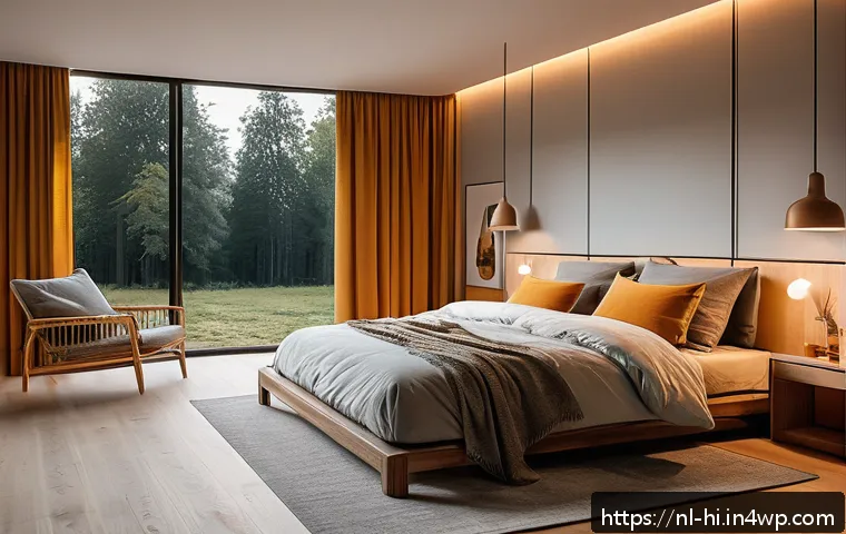 수면 환경을 위한 가전제품 추천 - A modern Dutch bedroom interior featuring smart lighting technology: a sleek bedside lamp with adjus...