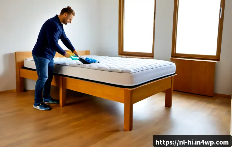 Home 17 침대 매트리스 관리 및 청소 방법 - Photorealistic bright Dutch bedroom, a neatly made mattress standing upright beside a simple wooden ...