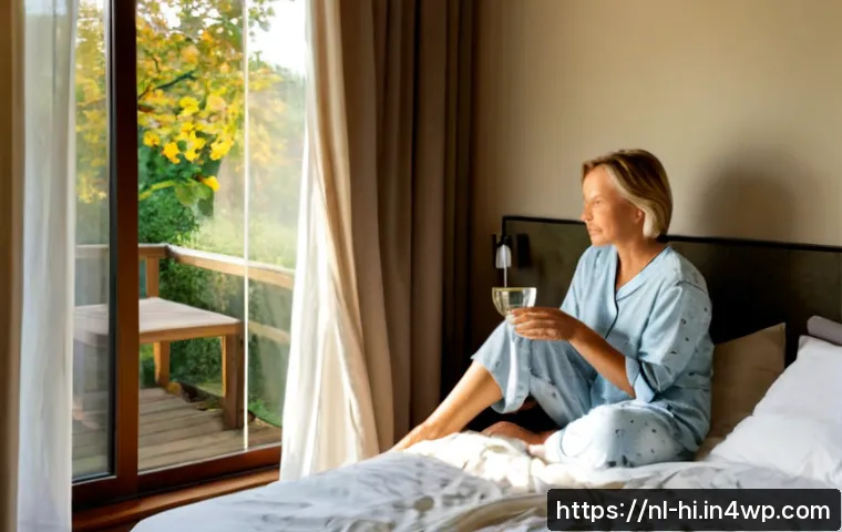 Home 17 수면 질 향상을 위한 주말 루틴 - Photorealistic Dutch weekend morning bedroom scene, a relaxed middle-aged woman in modest cotton paj...
