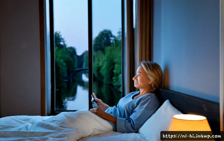 Home 17 체온 조절로 수면 질 개선하기 - Photorealistic Dutch bedroom at dusk, a relaxed middle-aged woman in modest cotton sleepwear adjusti...